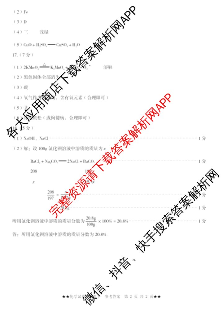 2025年河北省初中学业水模拟测评(十)二星(已更新英语、化学、物理等7份)化学答案