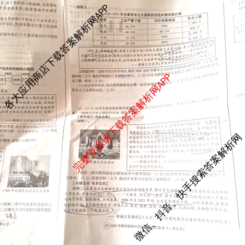 2025年陕西省初中学业水考试全真模拟卷[ET][试卷类型B]: 含物理 生物 化学试卷解析历史试题