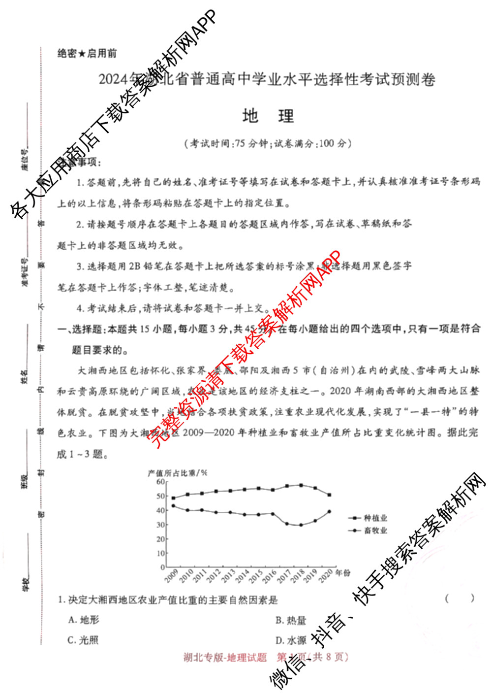 王后雄2024年普通高等学校招生全国统一考试预测卷各科答案及试卷（含语文(安徽专版)、政治(重庆专版)、历史(福建专版)等144份）地理试题