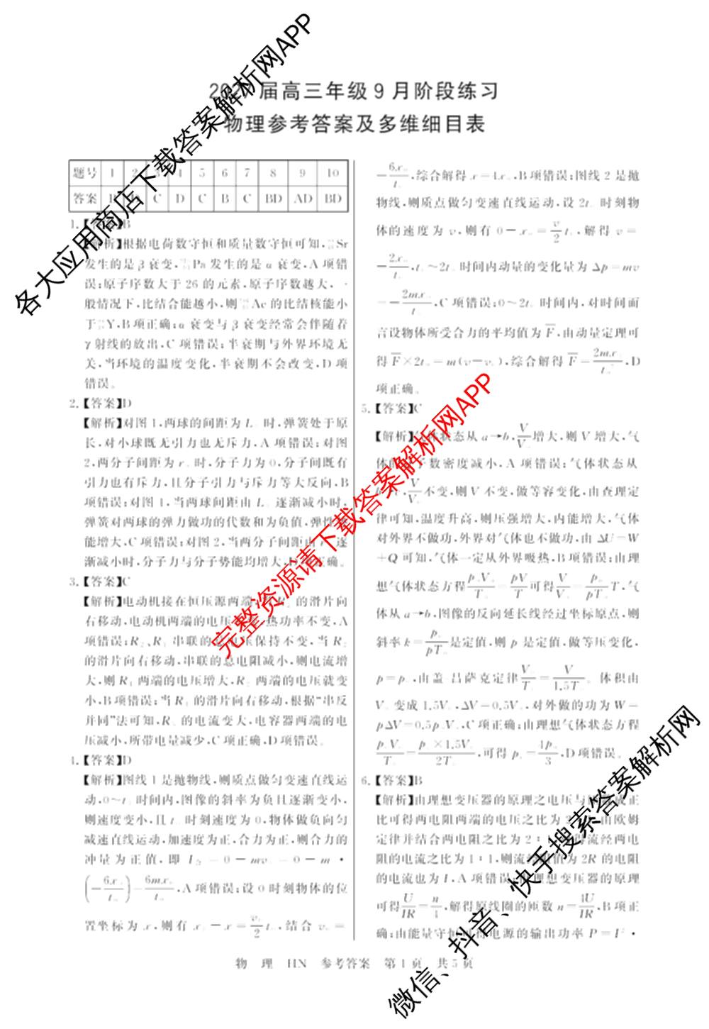 湖南省2027届高三年级9月阶段练(HN)试卷及答案汇总: 含化学、历史(HN)、英语试卷解析物理答案