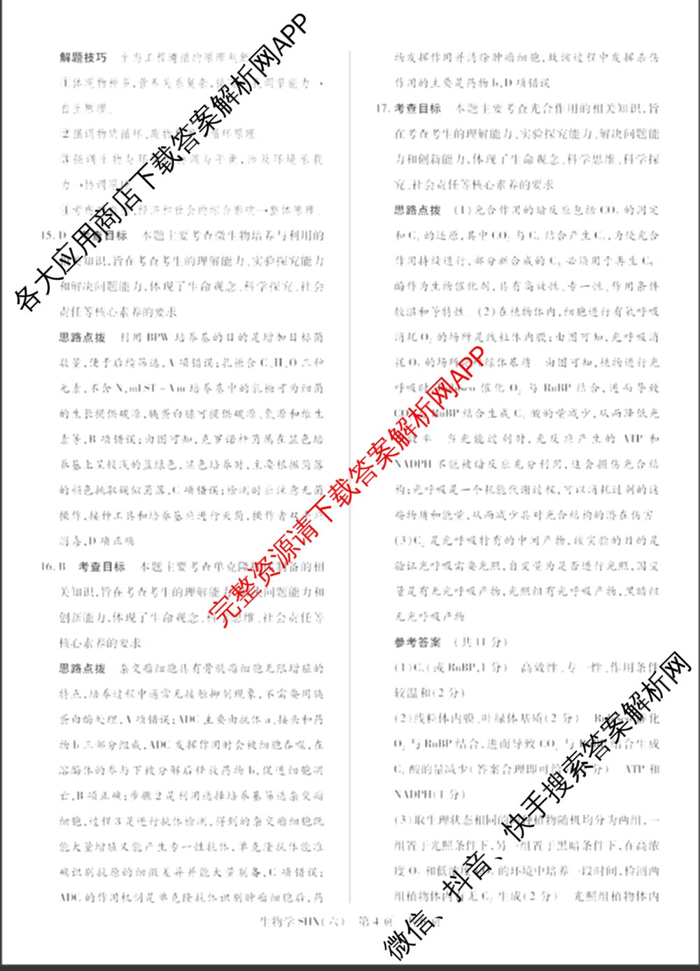 天一大联考2026届高三冲刺(六)6（含政治、数学、化学等27份）生物答案
