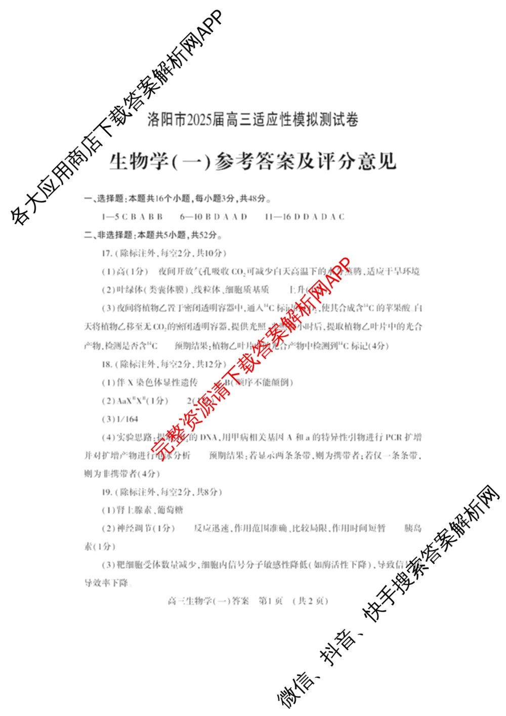 洛阳市2025届高三适应性模拟测试卷(一)各科答案及试卷(已更新化学、英语、语文等9份)生物答案