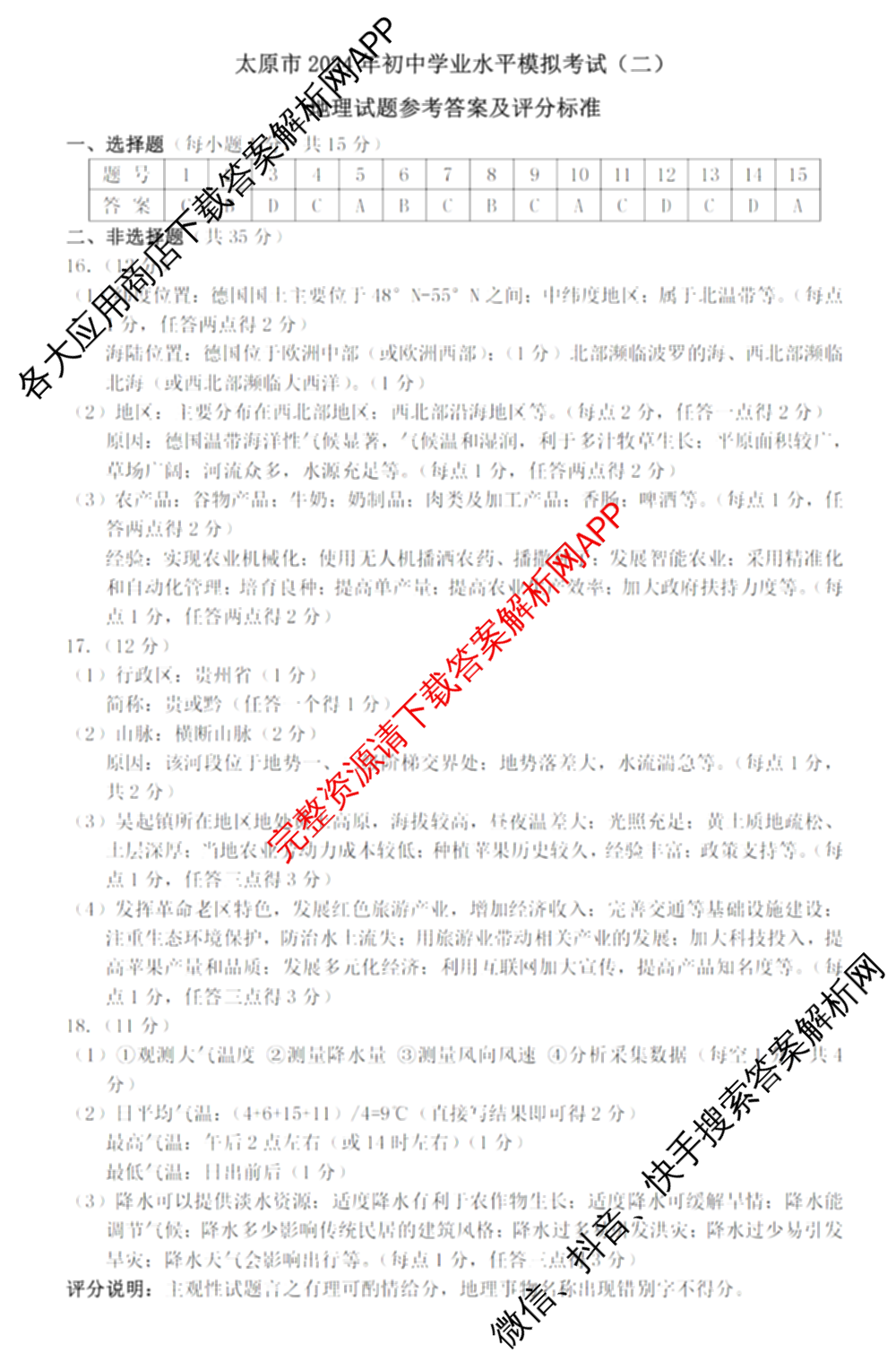[太原二模]山西省太原市2024年初中学业水模拟考试(二)试卷及答案汇总（含历史、数学、理综等）地理答案