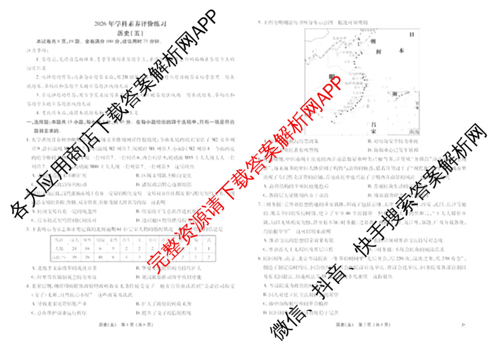 衡水金卷先享题2026年学科素养评价练(五)5各科答案及试卷（含政治(AH)【安徽四川甘肃专版】 物理(HN)【湖南专版】 生物(山东专版)等）历史试题