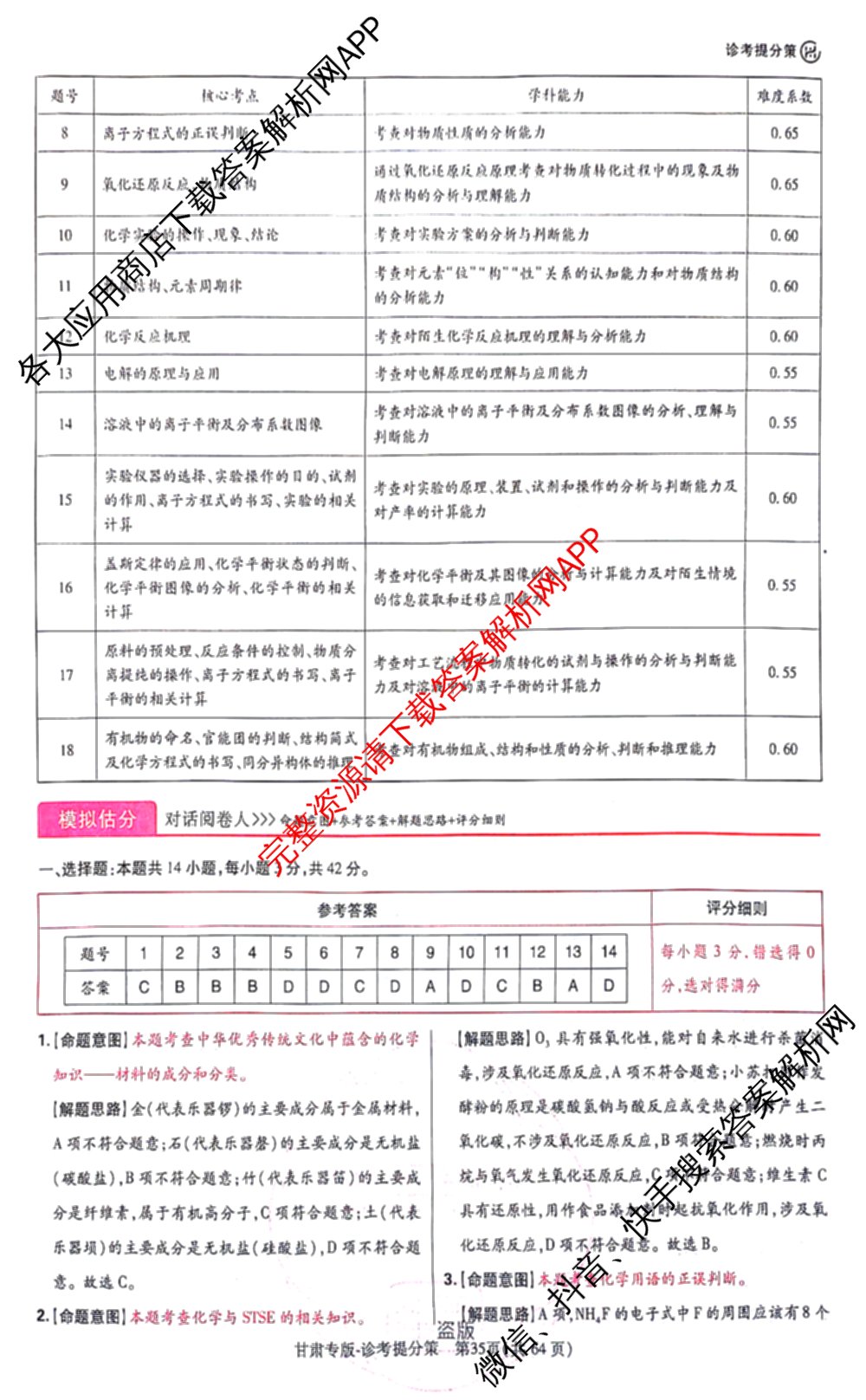 王后雄2024年普通高等学校招生全国统一考试预测卷各科答案及试卷（含语文(安徽专版)、政治(重庆专版)、历史(福建专版)等144份）化学答案