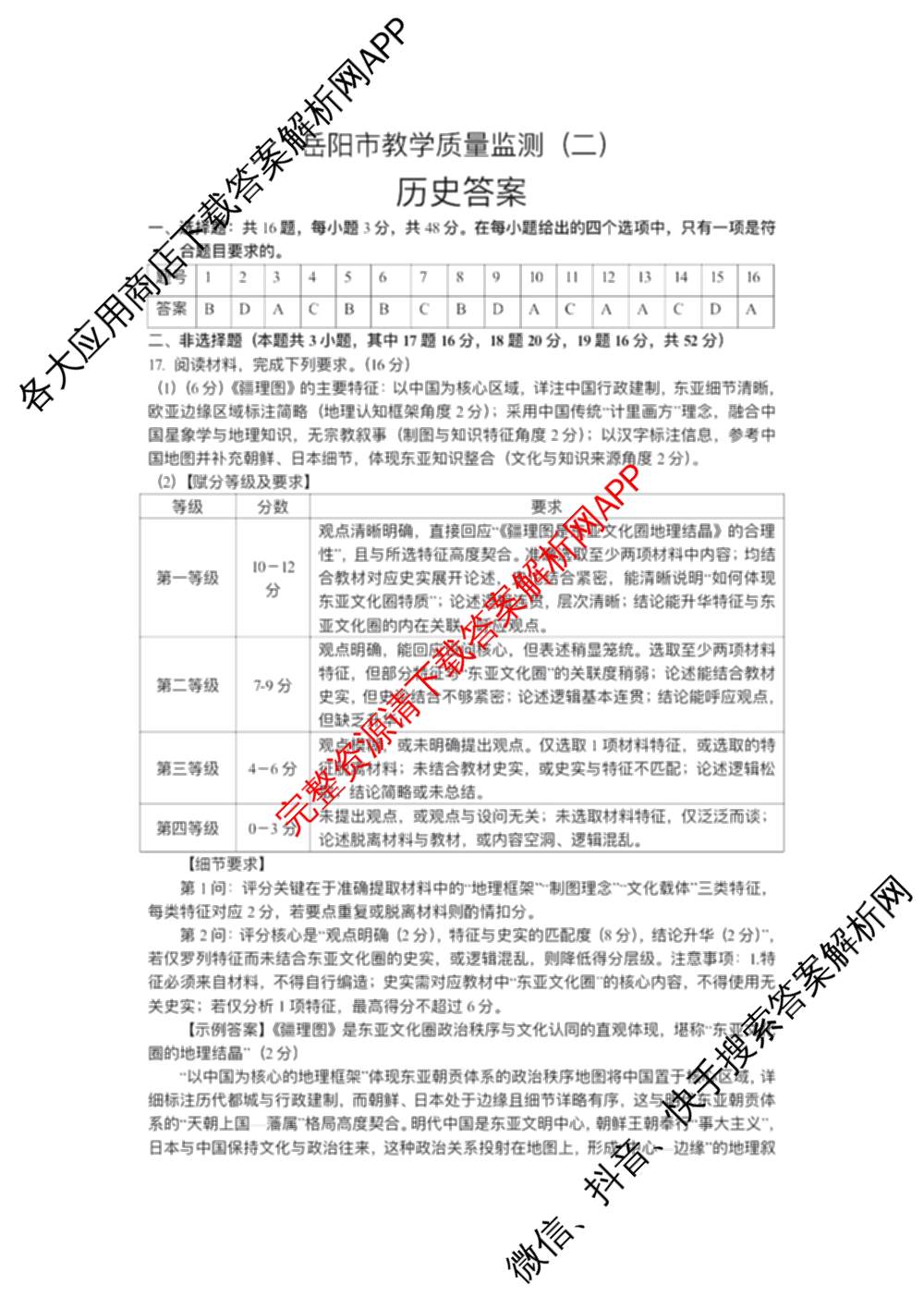 湖南省岳阳市2026届高三教学质量监测(二)（含数学 生物 英语等）历史答案