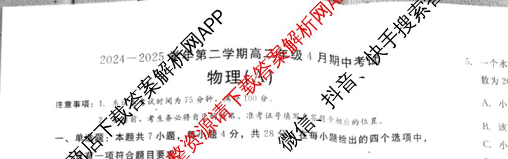 新时代NT教育2024-2025学年第二学期高二年级4月期中考试试卷及答案汇总(已更新英语 历史 语文等11份)物理试题