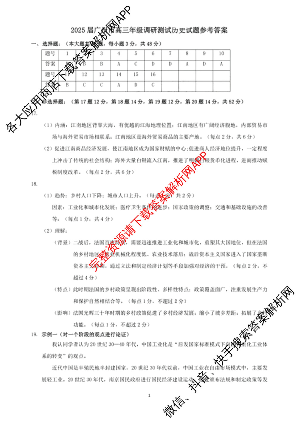 ［广州零诊］2025届广州市高三年级调研测试试卷及答案汇总（含地理(B) 物理(B) 生物(B)等10份）历史答案