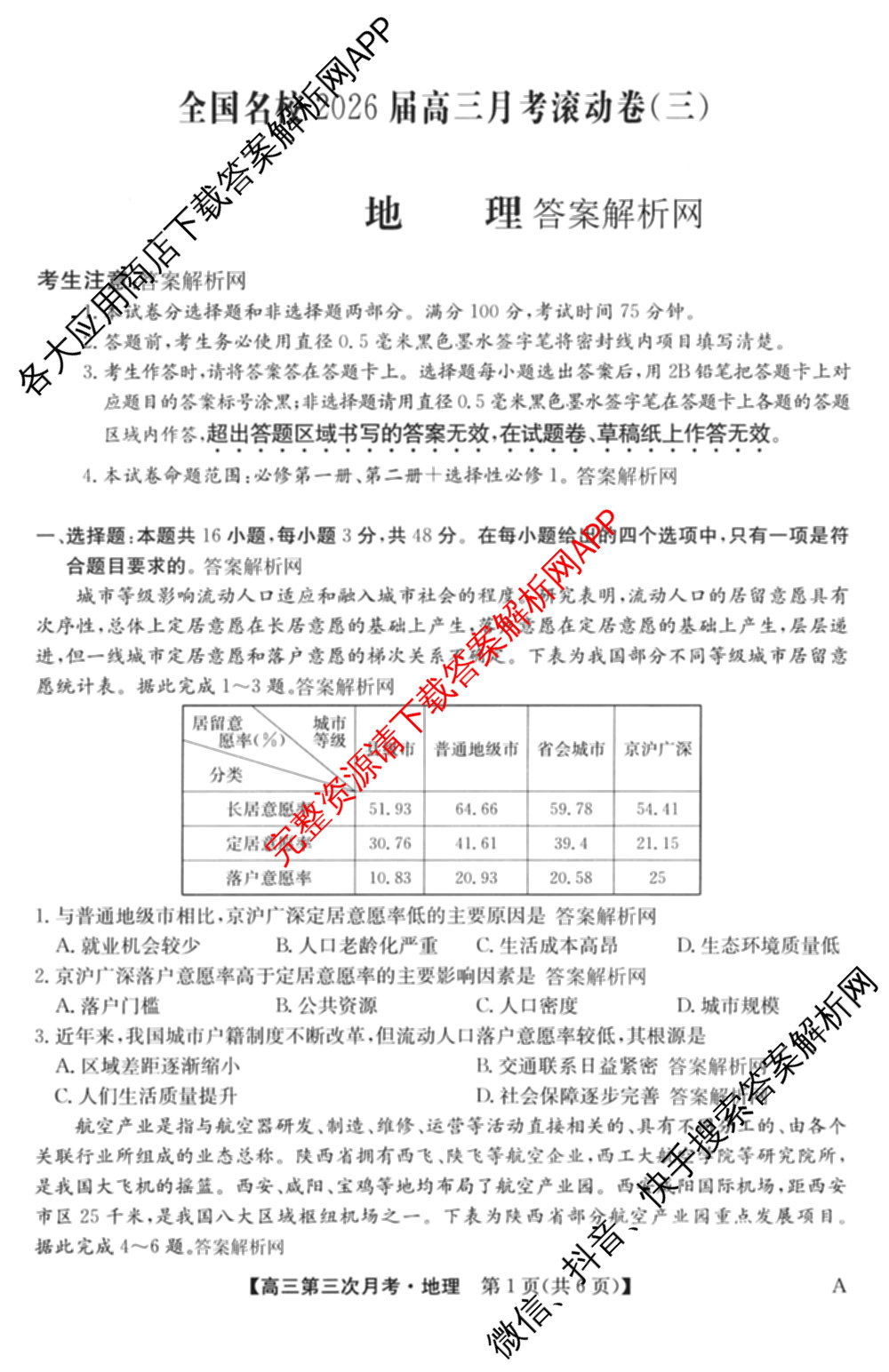 全国名校2026届高三月考滚动卷(三)3试卷及答案汇总: 含化学(A) 政治(C) 英语试卷解析地理试题