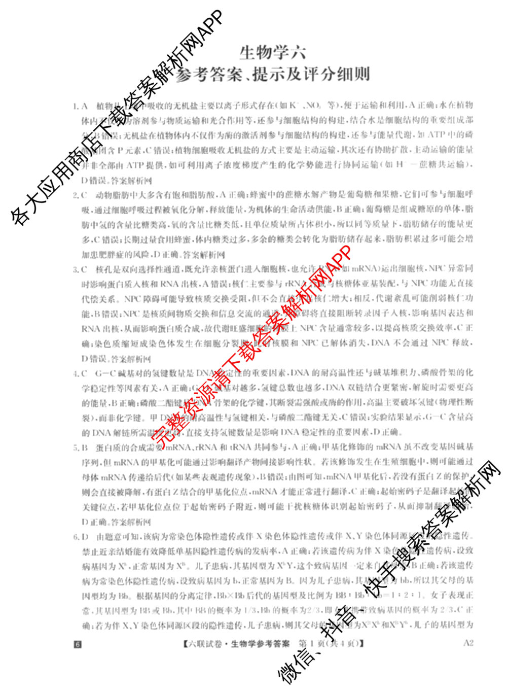 全国名校大联考2025~2026学年高三第六次联考(月考)试卷及答案汇总(已更新数学、化学(A2)、物理(A1)等9份)生物答案