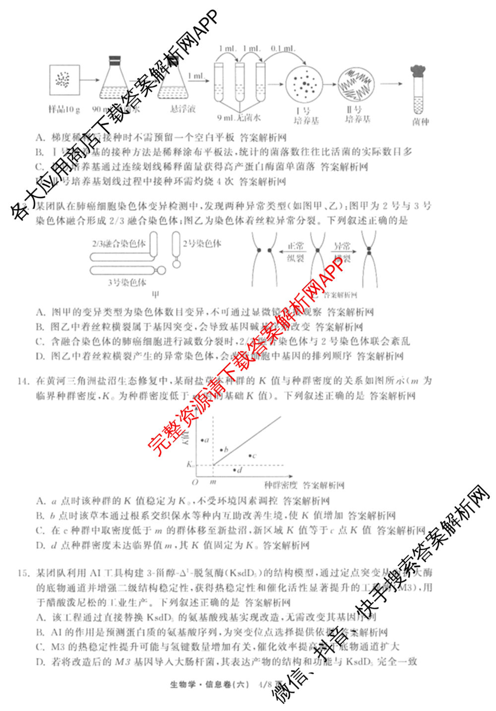 天舟高考衡中同卷2026年普通高等学校招生全国统一考试模拟信息卷(六)6试卷及答案汇总（含化学(山东版) 数学(无字母) 文综(新疆版)等）生物试题