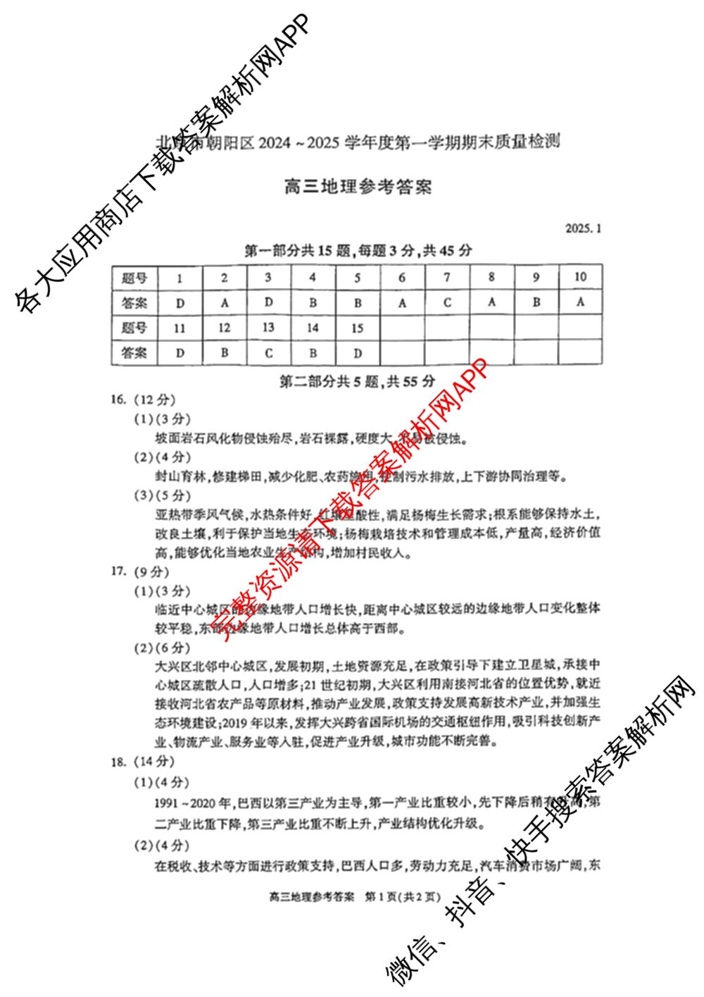 北京市朝阳区2024~2025学年度高三第一学期期末质量检测: 含物理 政治 化学试卷解析地理答案