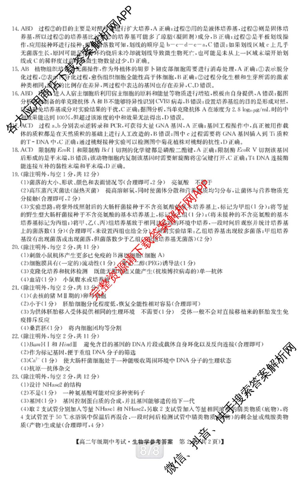 河北省2024~2025学年度第二学期高二年级期中考试（含化学 政治 英语等9份）生物答案