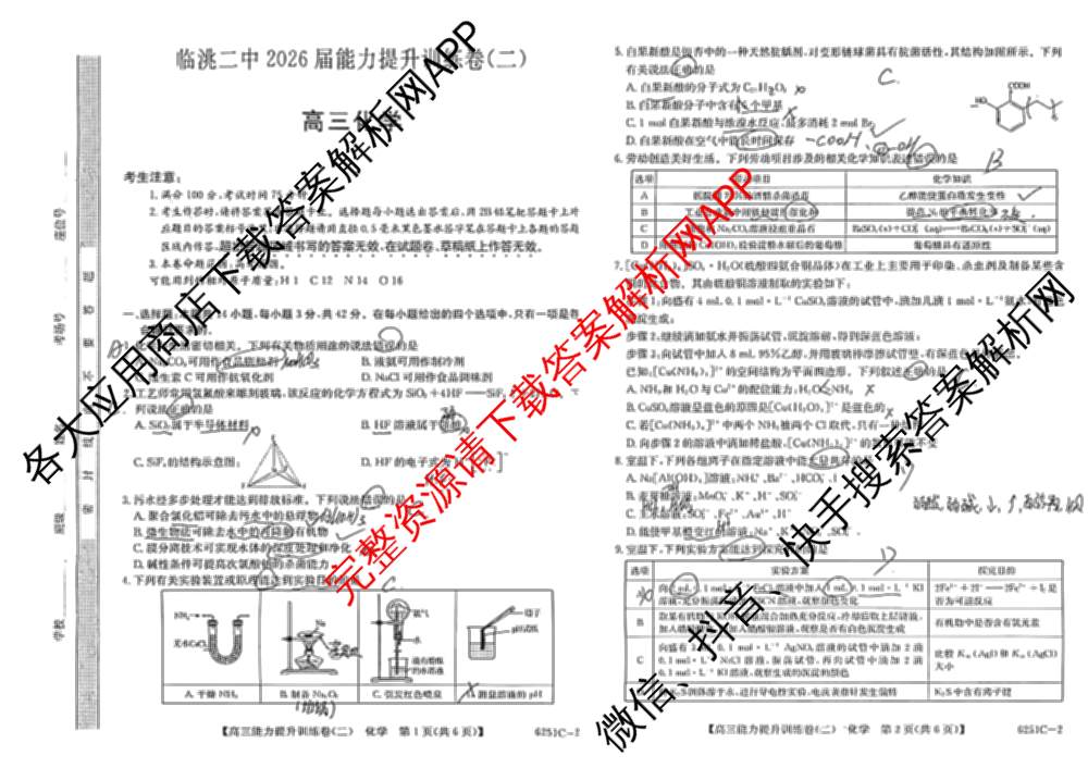 甘肃省临洮二中2026届能力提升训练卷(二)(6251C-2)（含英语、数学、政治等9份）化学试题