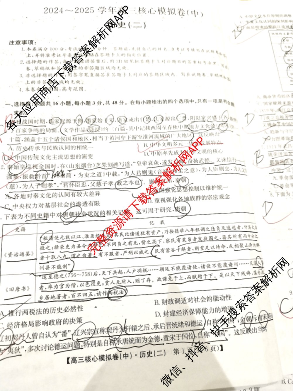 九师联盟2024~2025学年高三核心模拟卷(中)(二)2（含历史 地理(D4) 数学等29份）历史试题