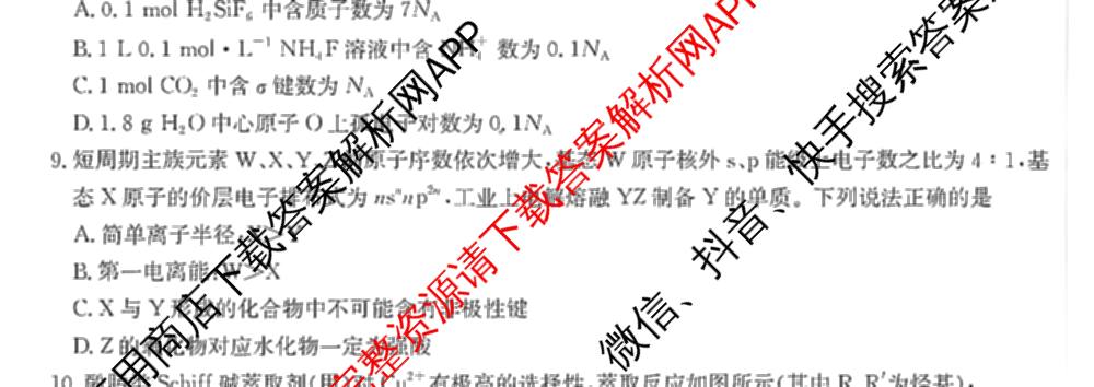 九师联盟2025届高三5月考前冲刺(一)（含地理(N)、政治、英语(无字母)等45份）化学试题