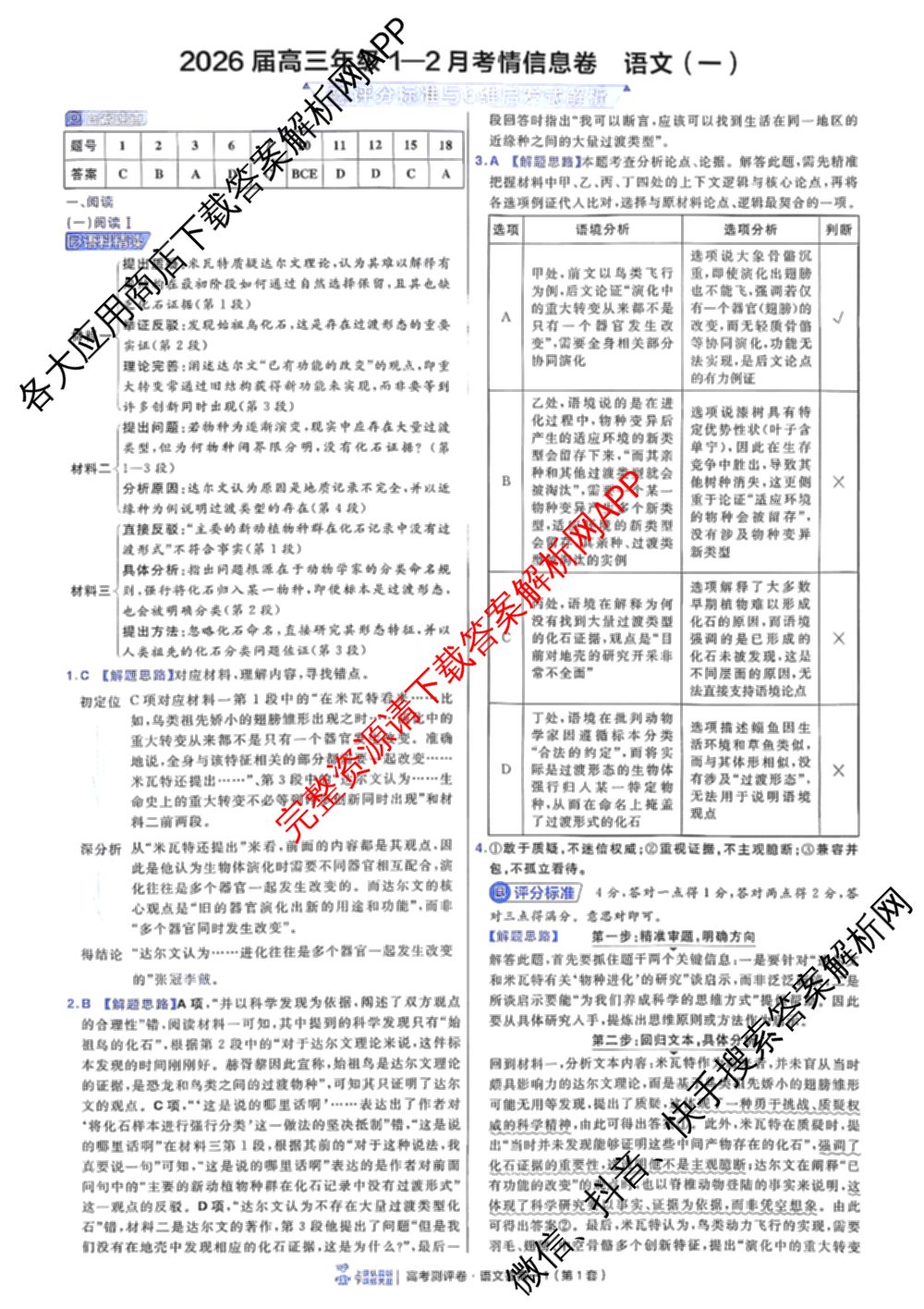 金考卷2026届高三年级1-2月考情信息卷(一)试卷及答案汇总: 含化学 政治 物理(安徽)试卷解析语文答案