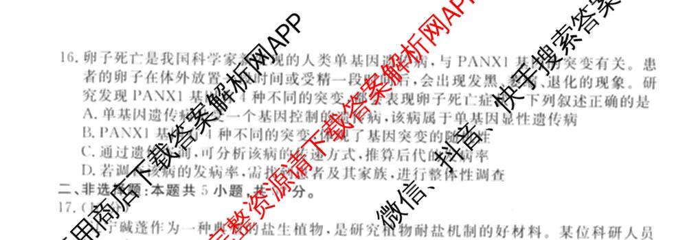 衡水金卷2025-2026学年度高三年级适应性测试(一)各科答案及试卷(已更新历史 物理 生物等9份)生物试题