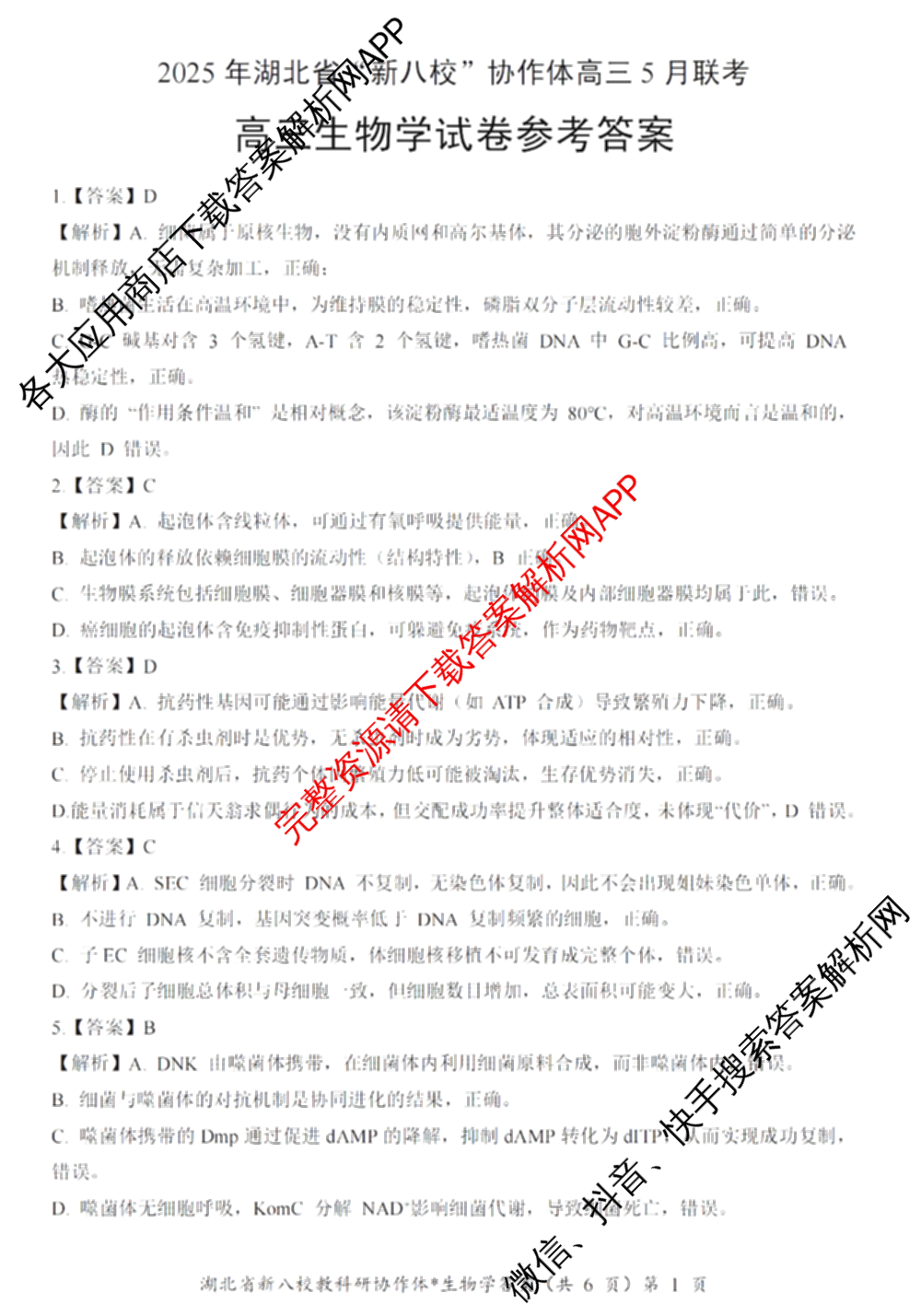 湖北省新八校协作体2025届高三5月联考(5.3)各科答案及试卷: 含历史 物理 英语试卷解析生物答案