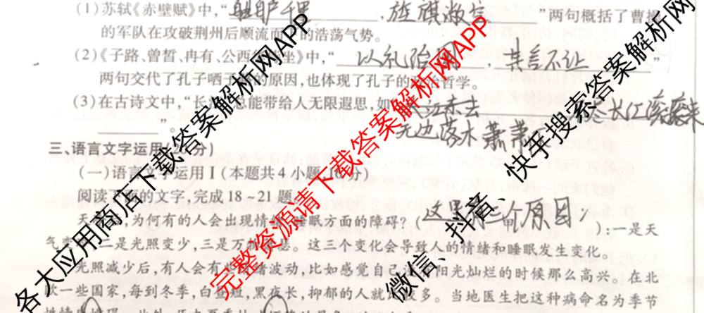 天一大联考2024-2025学年(下)安徽高一3月调研考试各科答案及试卷（含语文、物理、化学等10份）语文试题