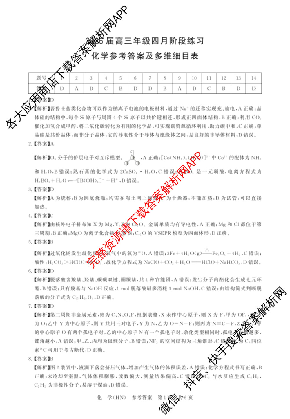 山西省2026届高三年级四月阶段练(SX)试卷及答案汇总(已更新生物(SX)、地理(HN)、政治(HN)等21份)化学答案