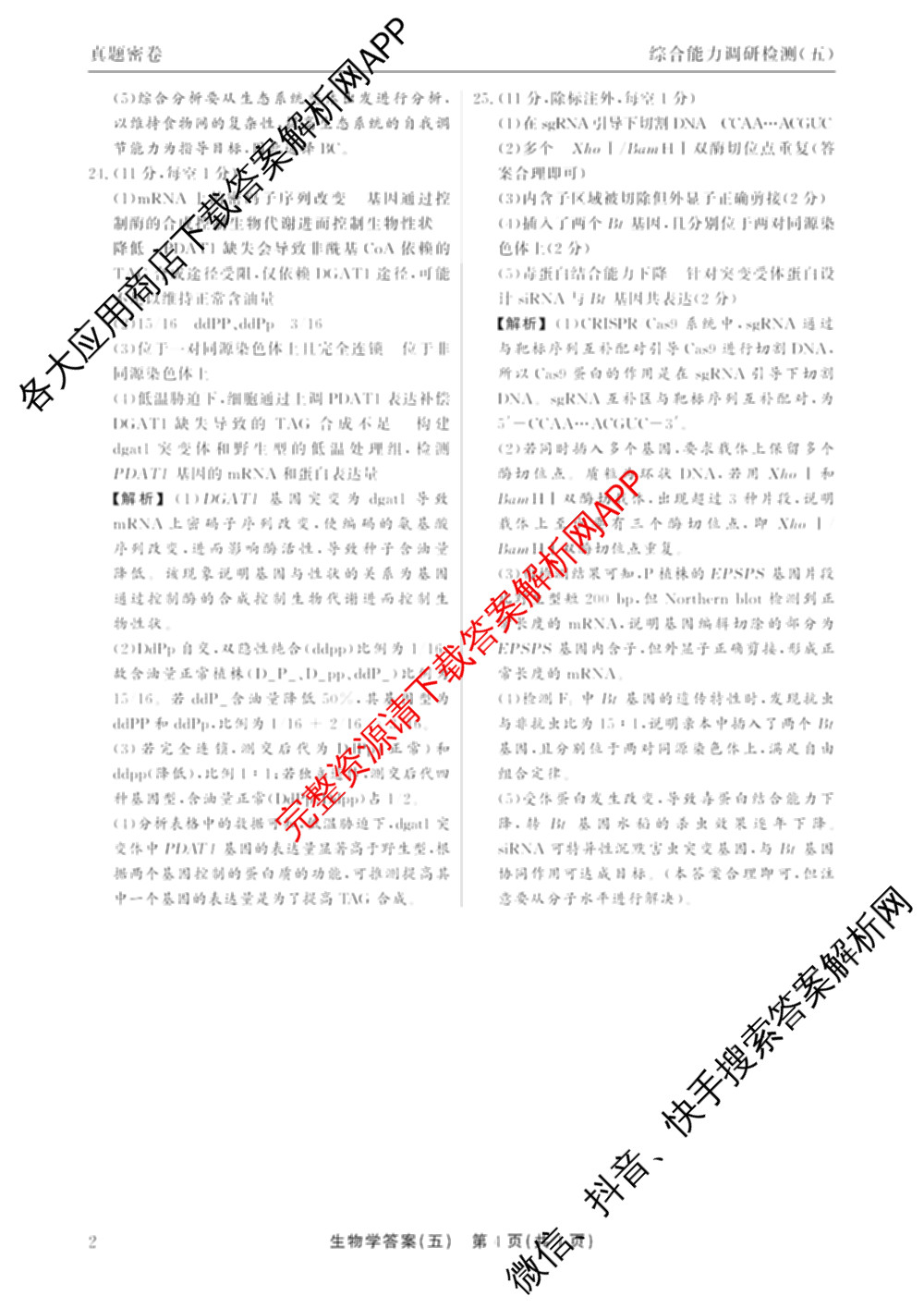 衡水真题密卷2025-2026学年度综合能力调研检测(五)5各科答案及试卷(已更新化学(2) 数学(A) 数学(B)等15份)生物答案