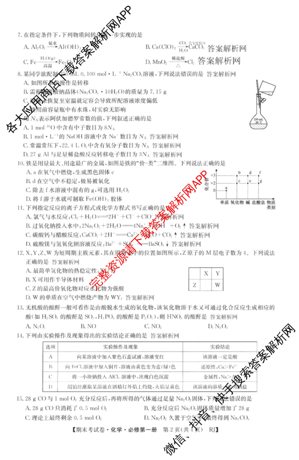 2025~2026学年度高一期末考试卷(上学期)各科答案及试卷(已更新语文(必修上册)、化学(必修第一册 RJ)、生物(必修1 RJ B)等9份)化学试题