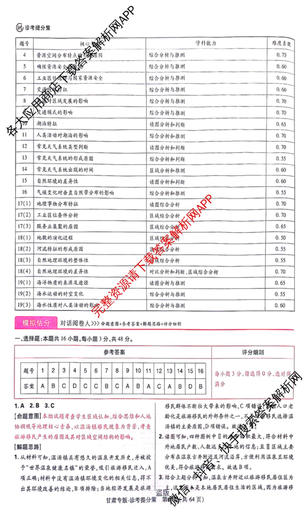 王后雄2024年普通高等学校招生全国统一考试预测卷各科答案及试卷（含语文(安徽专版)、政治(重庆专版)、历史(福建专版)等144份）地理答案