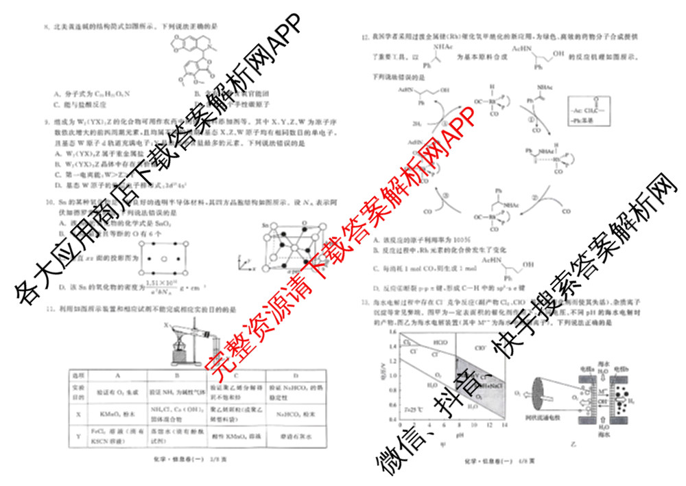 天舟高考衡中同卷2026年普通高等学校招生全国统一考试模拟信息卷(一)1试卷及答案汇总（24科全）化学试题