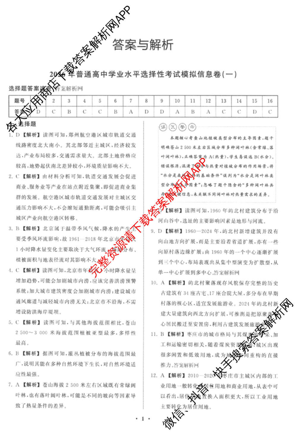 天舟高考衡中同卷2026年普通高等学校招生全国统一考试模拟信息卷(一)1各科答案及试卷（含化学(山东版) 历史(HJ) 生物(DS)等）地理答案