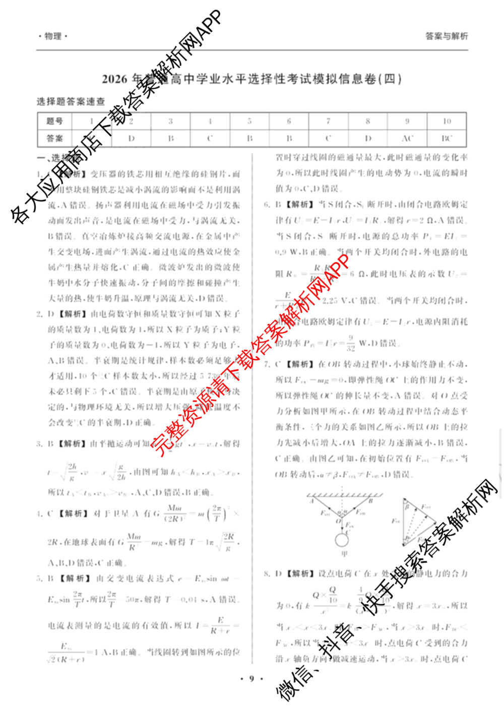 天舟高考衡中同卷2026年普通高等学校招生全国统一考试模拟信息卷(四)4试卷及答案汇总: 含化学(山东版)、生物(WY)、英语(B)试卷解析物理答案