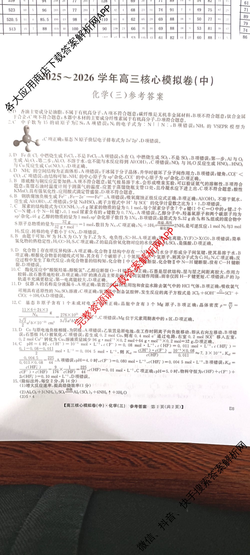 九师联盟2025~2026学年高三核心模拟卷(中)(三)3试卷及答案汇总(已更新物理(HF) 物理(安徽) 生物(D1)等36份)化学答案