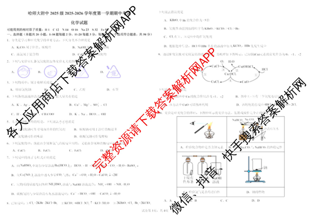 哈师大附中2025级2025-2026学年度第一学期期中考试各科答案及试卷: 含化学 地理 语文试卷解析化学试题