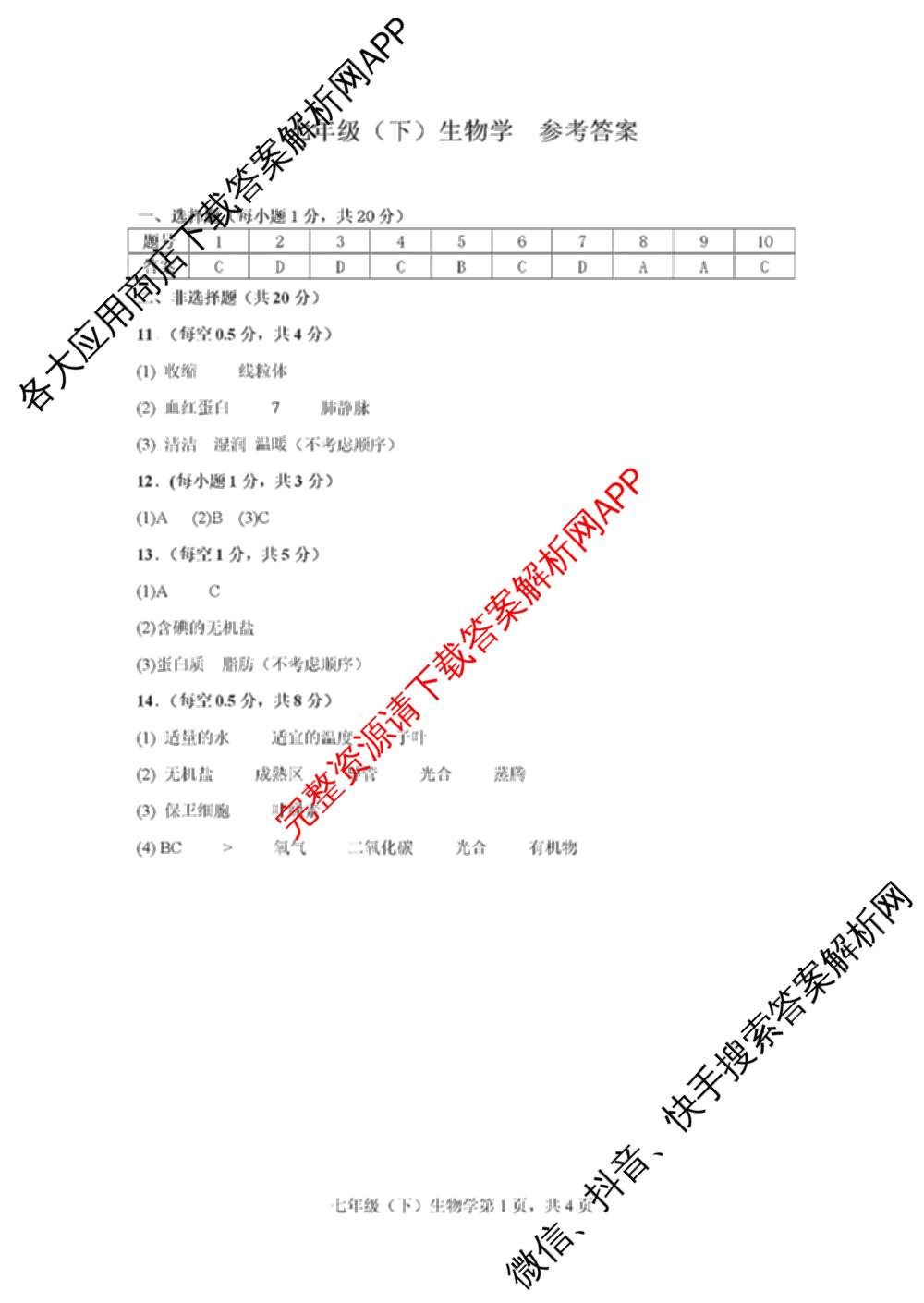 安徽省池州市贵池区2025年七年级(下)期末考试试卷及答案汇总（含地理 英语 道德与法治等7份）生物答案