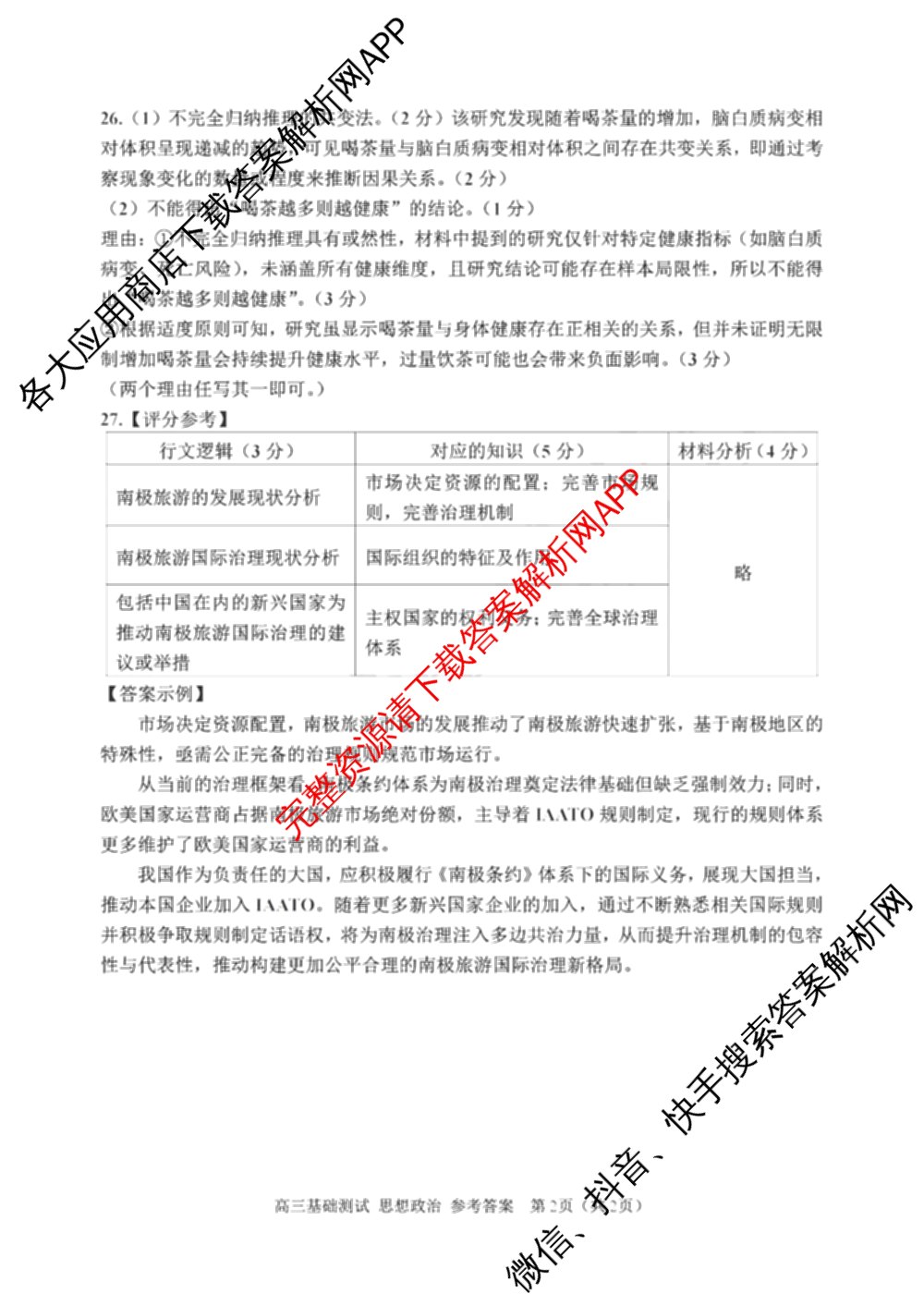 浙江省嘉兴市2026年高三基础测试(9月)试卷及答案汇总（含历史、化学、日语等）政治答案