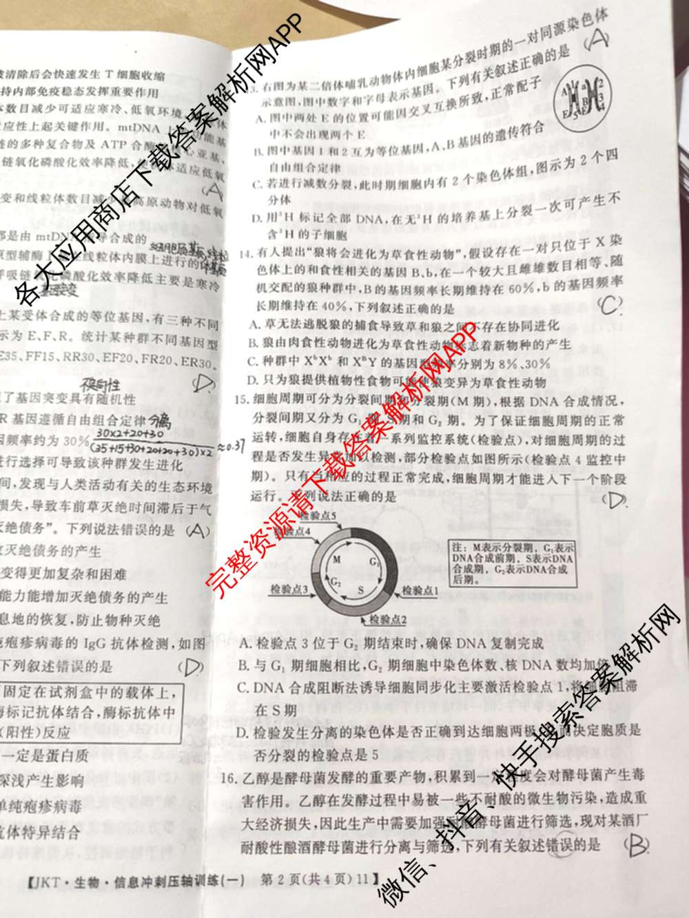 2026高考总复课堂测评信息冲刺压轴训练(一)1试卷及答案汇总（含化学(3)、历史(2)、物理(8)等21份）生物试题