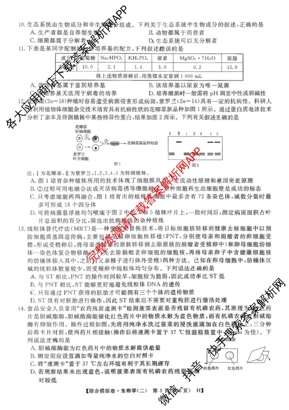 2026普通高等学校招生全国统一考试综合模拟卷(二)2试卷及答案汇总: 含地理(F)、地理(C)、数学(X)试卷解析生物试题