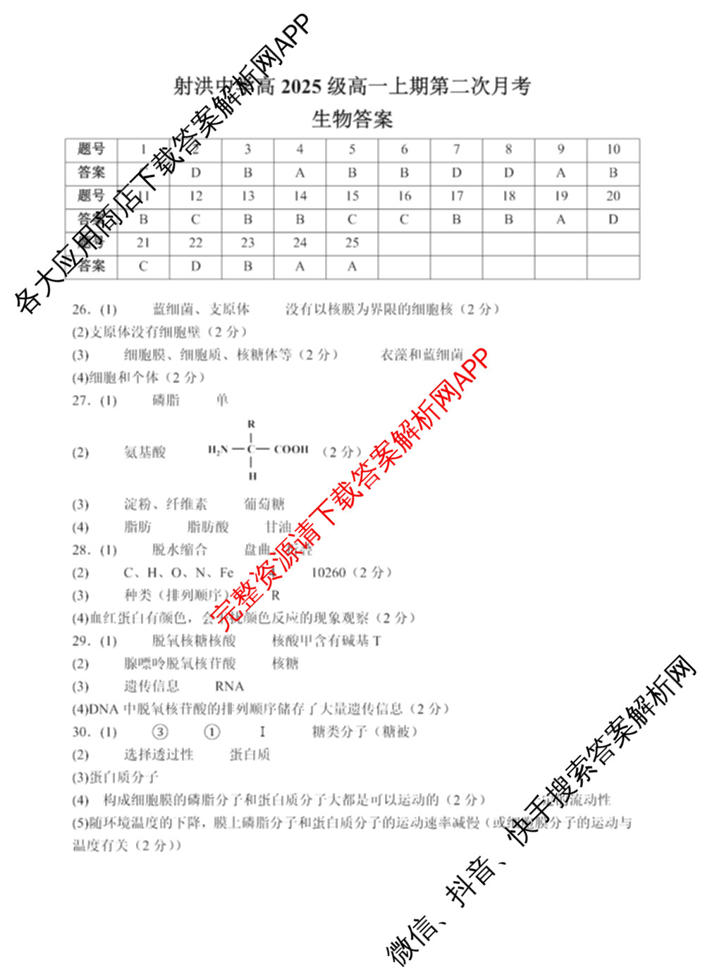 四川省射洪中学高2025级高一上期第二次月考（含生物、英语、语文等9份）生物答案