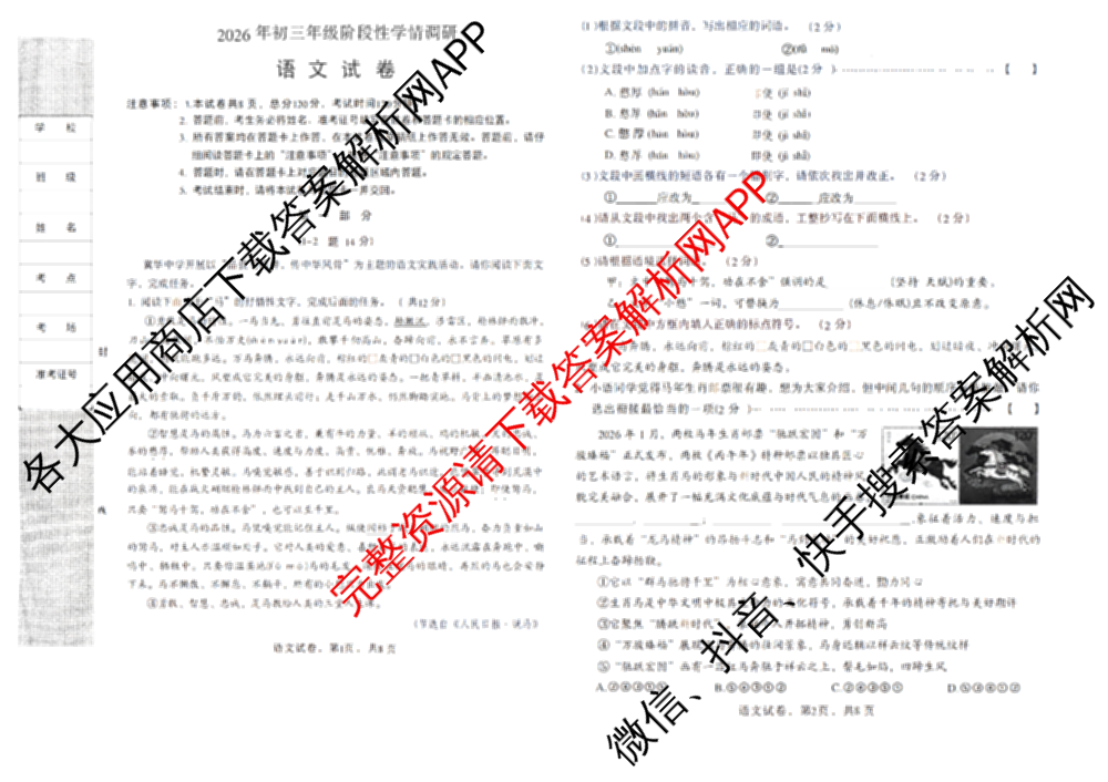 河北省邯郸市2026年初三年级阶段性学情调研九年级(4.8)（含数学 物理 英语等）语文试题