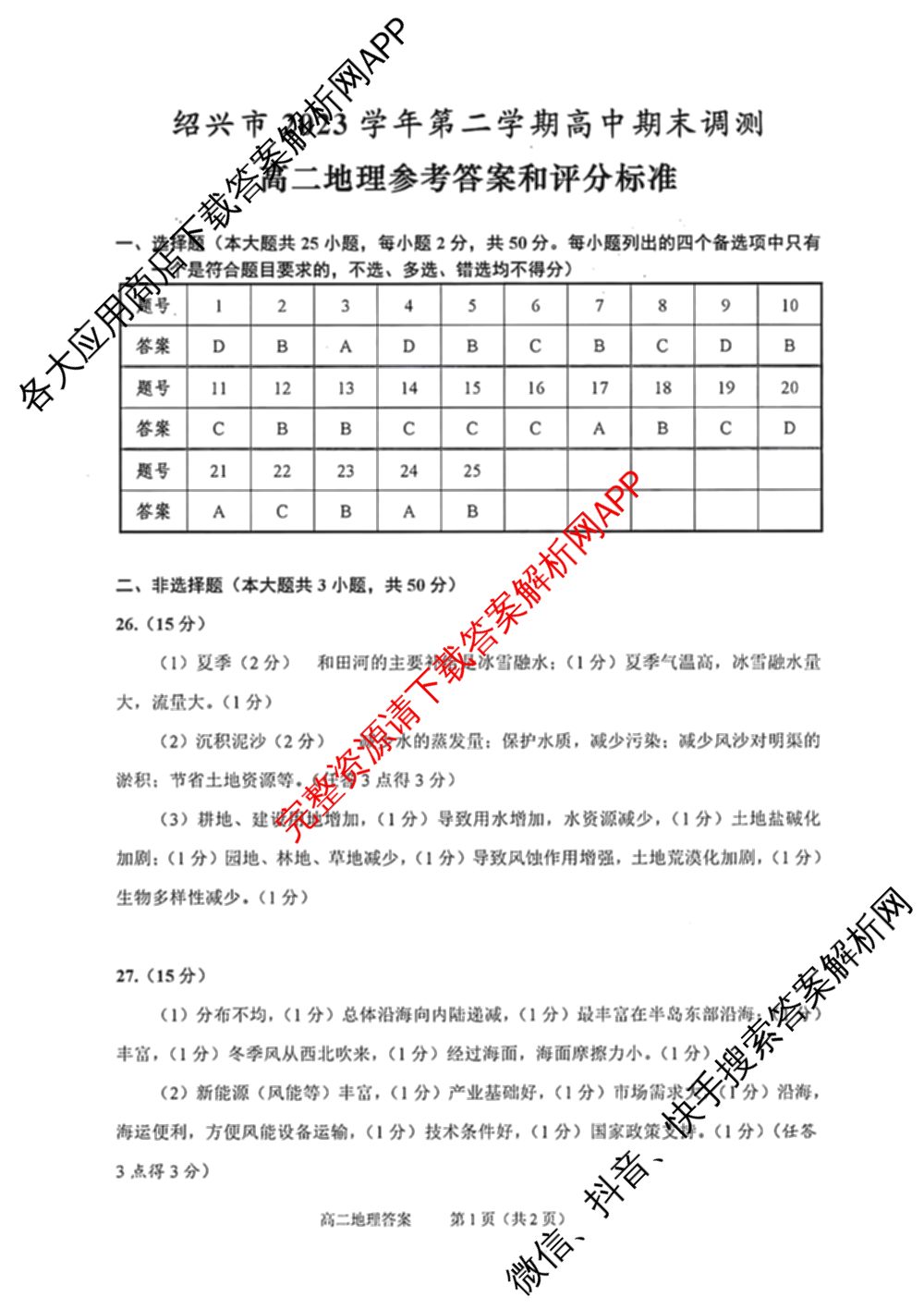 绍兴市2023学年高二第二学期高中期末调测试卷及答案汇总（含政治 语文 历史等）地理答案