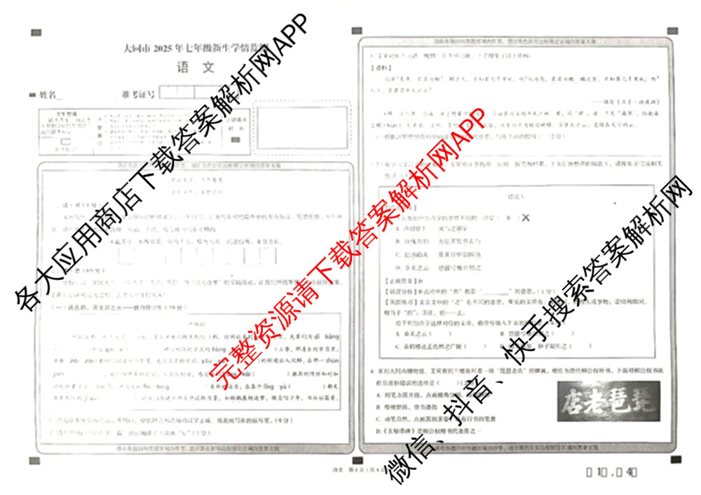 大同市2025年七年级新生学情监测各科答案及试卷: 含地理 语文 历史试卷解析语文试题