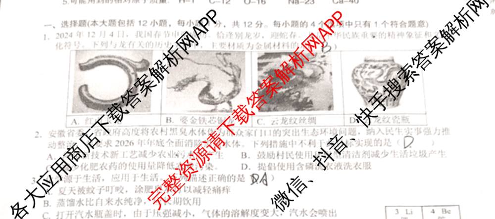 安徽省C20教育联盟2025年九年级中考功夫卷(四)(已更新语文 英语 数学等7份)化学试题