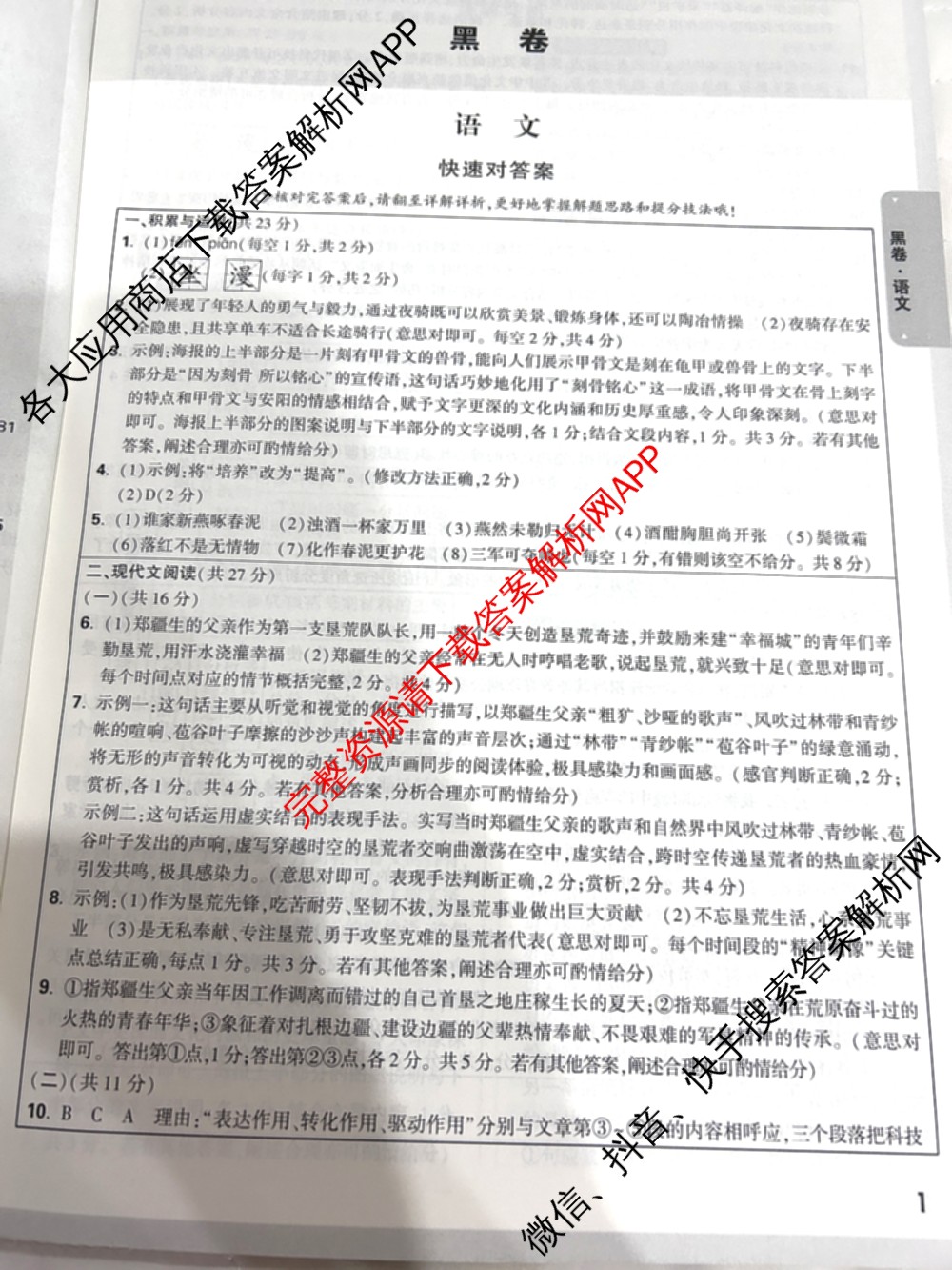 黑白卷河南专版2025年普通高等学校招生全国统一考试黑卷（含化学 物理 生物等9份）语文答案