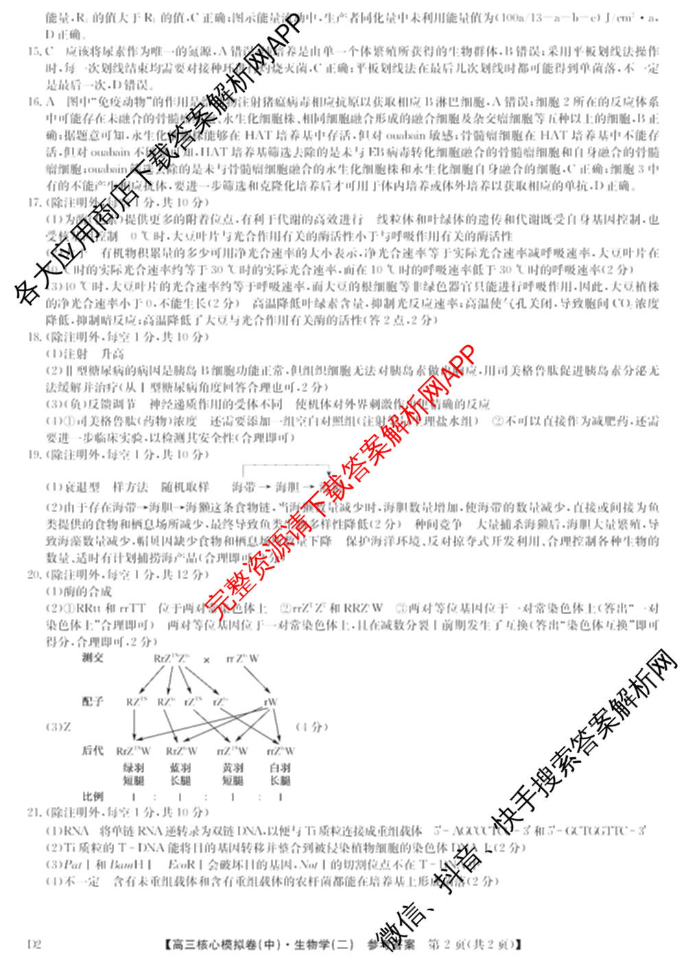 九师联盟2024~2025学年高三核心模拟卷(中)(二)2（含历史 地理(D4) 数学等29份）生物答案