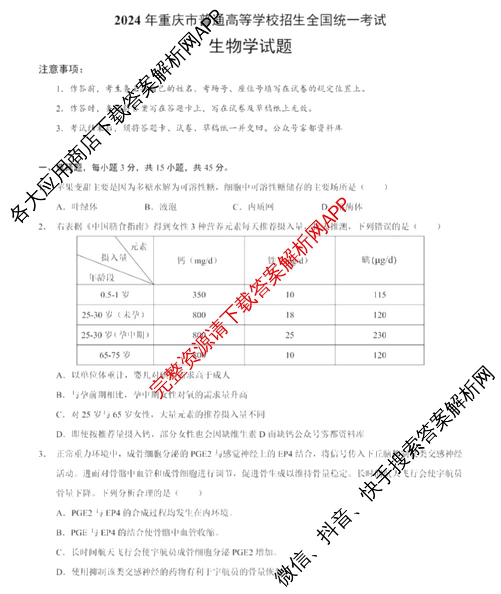 2024年高考真题(新高考)(已更新生物(山东卷) 数学(新课标II卷) 物理(河北卷)等108份)生物试题