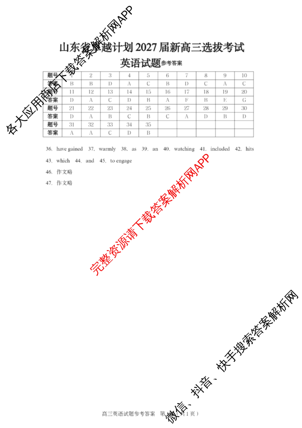山东省卓越计划2027届新高三选拔考试(2026.07)（含数学 地理 英语等）英语答案
