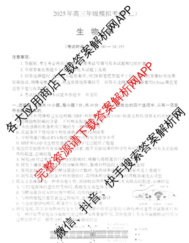 [太原二模]太原市2025年高三年级模拟考试(二): 含政治、物理、英语试卷解析生物试题