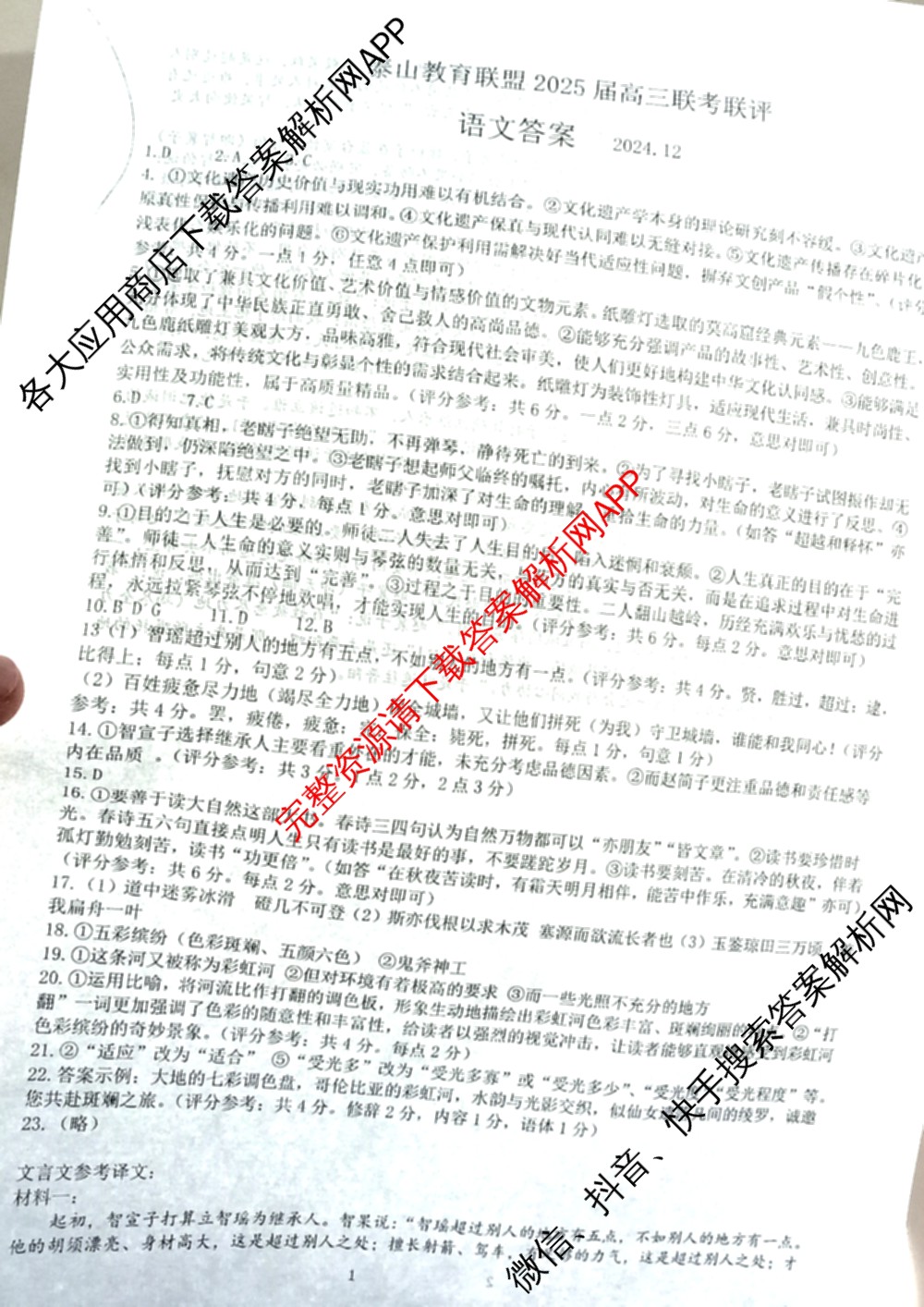 山东省泰山教育联盟2025届高三联考测评(2024.12)试卷及答案汇总（含政治 语文 化学等9份）语文答案