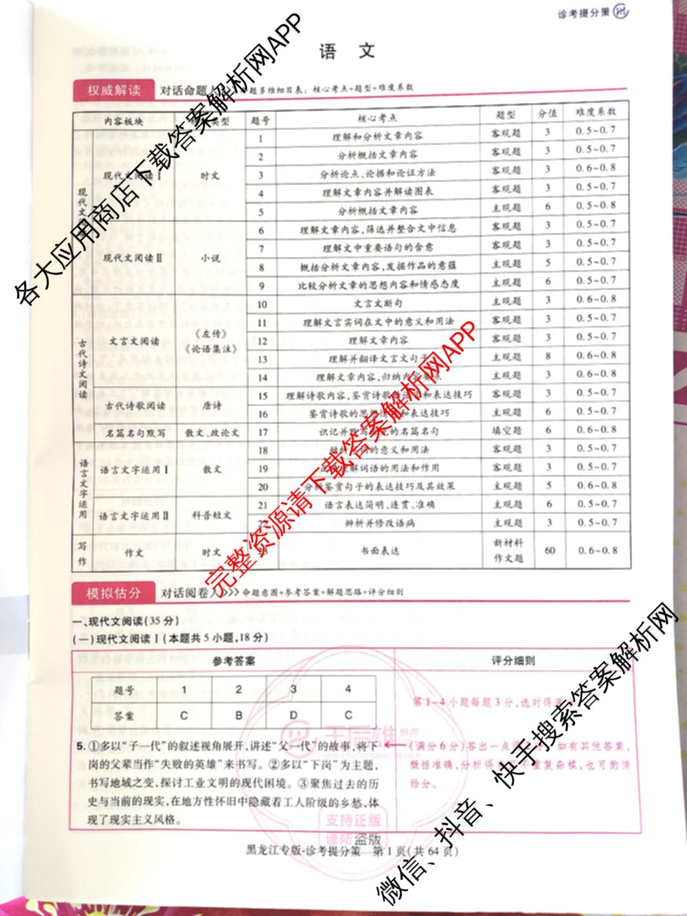 王后雄2024年普通高等学校招生全国统一考试预测卷各科答案及试卷（含语文(安徽专版)、政治(重庆专版)、历史(福建专版)等144份）语文答案