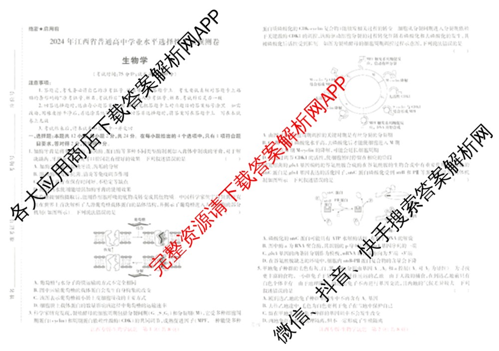 王后雄2024年普通高等学校招生全国统一考试预测卷各科答案及试卷（含语文(安徽专版)、政治(重庆专版)、历史(福建专版)等144份）生物试题